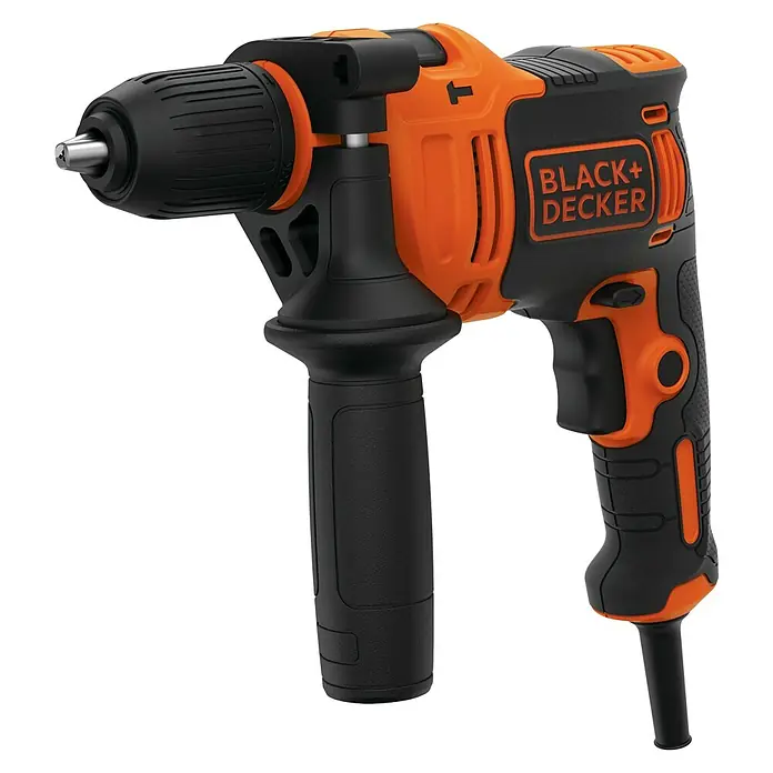 Black+Decker Schlagbohrmaschine BEH710K-QS - 710 W, 2.800 U/min, Max. Schlagzahl: 47.600 /min - Abbildung eines Black+Decker Schlagbohrschraubers mit orangefarbenen Akzenten und einem praktischen Zusatzgriff.