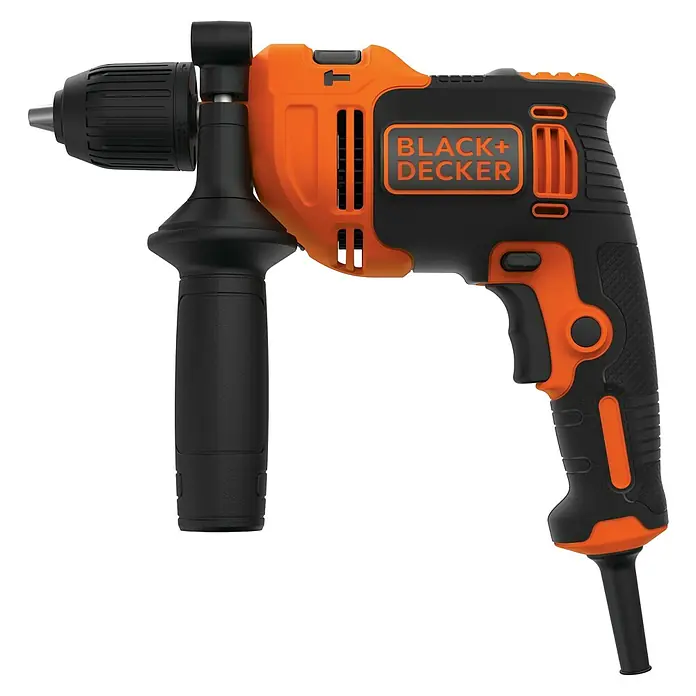 Black+Decker Schlagbohrmaschine BEH710K-QS - 710 W, 2.800 U/min, Max. Schlagzahl: 47.600 /min - Abbildung eines Black+Decker-Bohrmaschine, ideal zum Bohren von Löchern und Schrauben in verschiedenen Materialien.