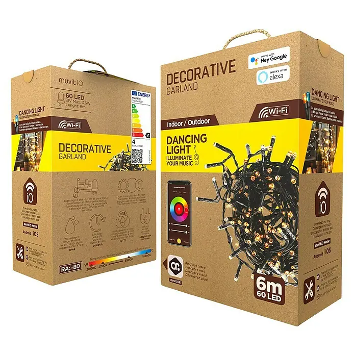 Muvit iO Guirnalda luminosa LED WiFi RGB+CCT - 6 m, Color de luz: RGBW, Para exterior - Imagen del producto: Guirnalda decorativa de muvit io, ideal para interiores y exteriores, con función de luz danzante.