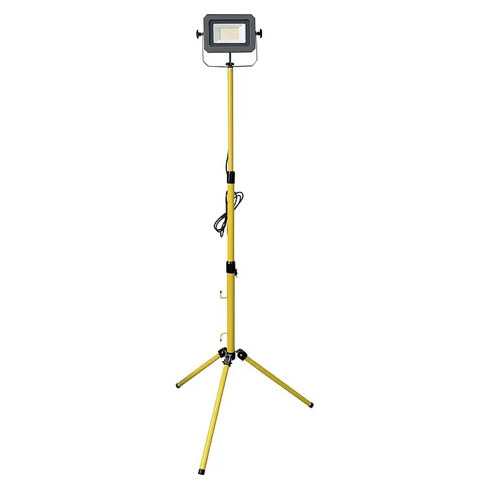 Profi Depot LED-Strahler - 30 W, 4.800 lm, 4.000 K, L x B x H: 68 x 75 x 190 cm, IP65 - Eine tragbare gelbe Baustellenleuchte mit schwarzem Scheinwerferkopf steht auf einem Stativ. Ideal für den Einsatz im Freien.