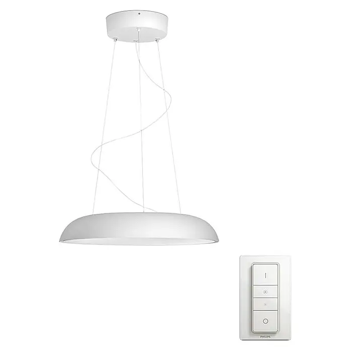 Philips Hue LED-Pendelleuchte rund White Ambience Amaze - 25 W, Ø x H: 43,4 x 150 cm, Weiß - Weisse Philips Hue Enrave Pendelleuchte mit Dimmschalter. Elegantes Design für modernes Wohnambiente mit smarter Lichtsteuerung.