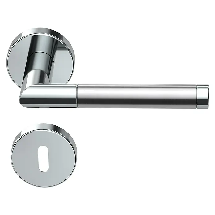 Diamond Doors Creative Drückergarnitur Nebraska - Stärke Tür: 40 mm - 45 mm, Edelstahl, L-Form, Buntbart - Türgriff aus glänzendem Chrom mit rundem Rosettendesign für moderne Inneneinrichtung.