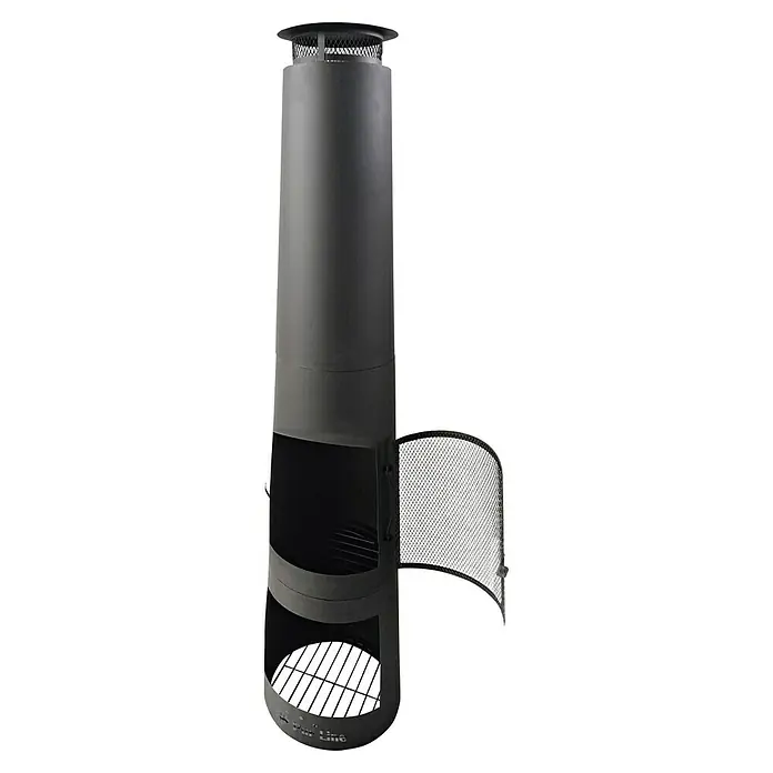 Purline Chimenea para jardín Fyn - 36 x 36 x 150 cm, Acero - Estufa de patio negra de Purline con un cuerpo cilíndrico y una puerta de pantalla de malla que se abre para revelar el interior.