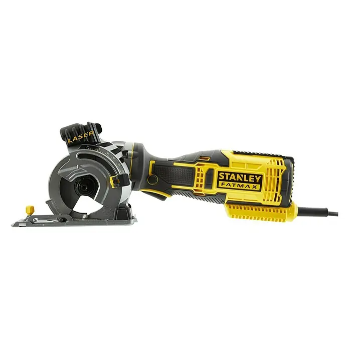 Stanley FatMax Handkreissäge FME380K-QS - 650 W, Durchmesser Sägeblatt: 89 mm, Schnitttiefe bei 90 °: 28,5 mm - Das Bild zeigt eine Stanley Fatmax Mini-Handkreissäge in Schwarz und Gelb. Die Säge ist mit einem Laser ausgestattet.