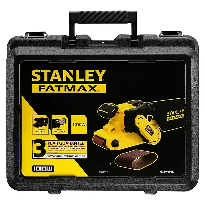 Stanley FatMax Elektro-Bandschleifer FMEW204K-QS - 1.010 W - Stanley Fatmax Bandschleifer in einer schwarzen Aufbewahrungsbox mit gelbem Akzent. Das Gerät hat eine 3-Jahres-Garantie.