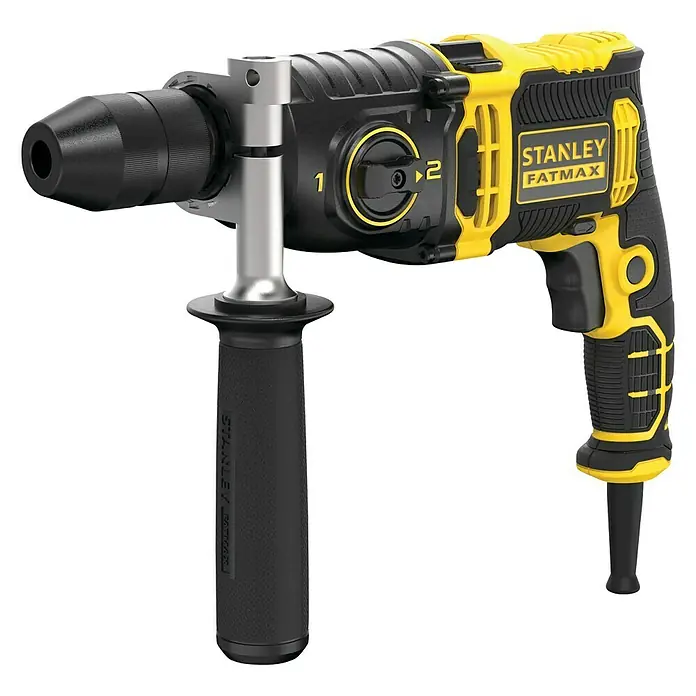 Stanley FatMax Schlagbohrmaschine FMEH850K-QS - 850 W, Schnellspannbohrfutter - Das Bild zeigt eine gelb-schwarze Stanley Fatmax Schlagbohrmaschine, ein Werkzeug für schwere Bohrarbeiten.