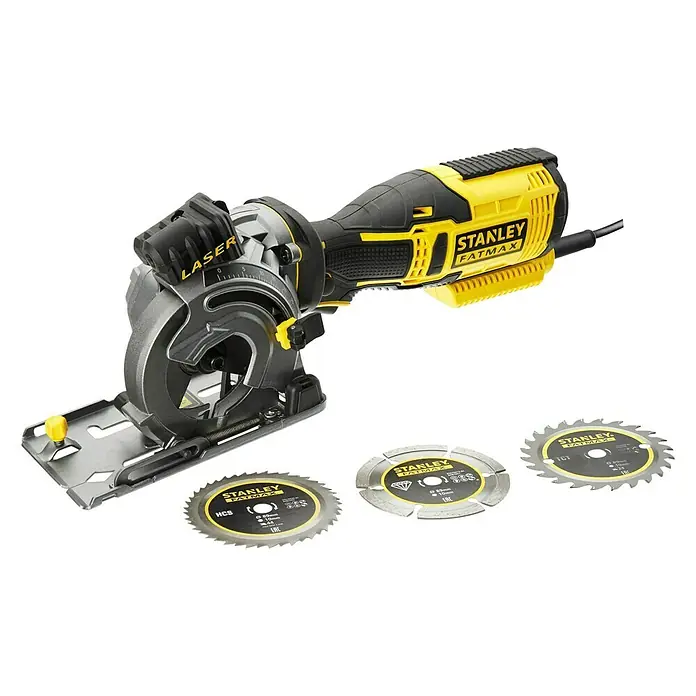 Stanley FatMax Handkreissäge FME380K-QS - 650 W, Durchmesser Sägeblatt: 89 mm, Schnitttiefe bei 90 °: 28,5 mm - Stanley Fatmax Mini-Handkreissäge mit Laser und drei Sägeblättern für präzise Schnitte. Kompaktes Design für vielseitige Anwendungen.