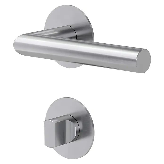 Diamond Doors Design Drückergarnitur WC Arkansas - Edelstahl, Schlitzkopf/Olive - Bild eines Türbeschlags-Sets in gebürstetem Edelstahl, bestehend aus einem Türgriff und einem Drehknopf für das Badezimmer.