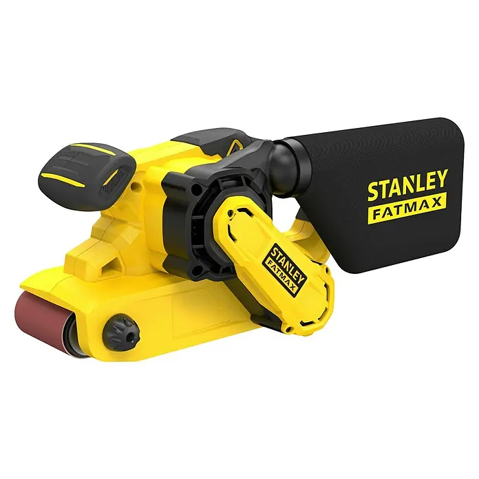 Stanley FatMax Elektro-Bandschleifer FMEW204K-QS - 1.010 W - Ein Stanley Fatmax Bandschleifer in Gelb und Schwarz mit Staubfangsack für effizientes Schleifen.