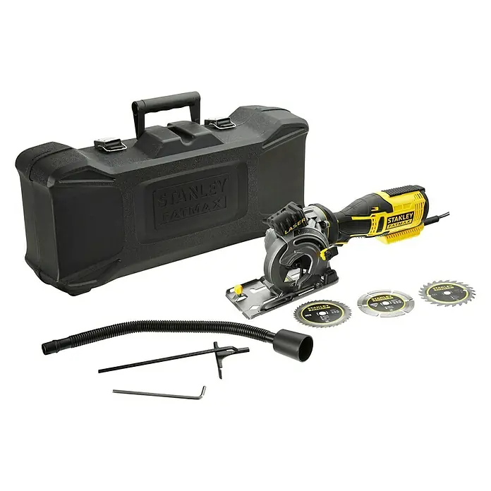 Stanley FatMax Handkreissäge FME380K-QS - 650 W, Durchmesser Sägeblatt: 89 mm, Schnitttiefe bei 90 °: 28,5 mm - Stanley Fatmax Mini-Kreissäge-Set mit Zubehör und Aufbewahrungskoffer, ideal für Heimwerker- und Profiprojekte.