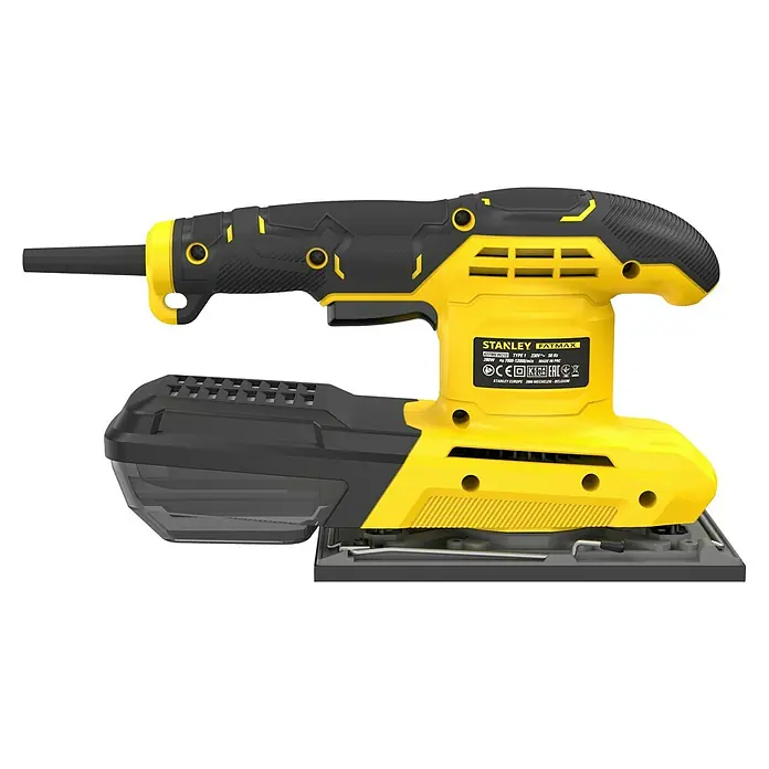 Stanley FatMax Elektro-Schwingschleifer FMEW214K-QS - 280 W - Abbildung eines Stanley Fatmax Schwingschleifers in Gelb und Schwarz, ein Werkzeug für professionelle Schleifarbeiten.