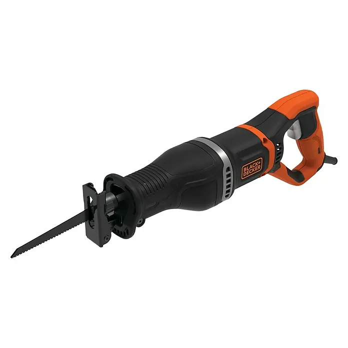 Black+Decker Säbelsäge BES301-QS - 750 W - Abgebildet ist eine Black+Decker Säbelsäge mit einem orangefarbenen Griff und einem schwarzen Gehäuse, die sich ideal zum Schneiden verschiedener Materialien eignet.
