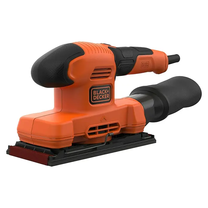Black+Decker Elektro-Schwingschleifer BEW220-QS - 150 W - Detailaufnahme eines Black+Decker Elektro-Schwingschleifers in Orange und Schwarz, ideal für Heimwerkerprojekte.