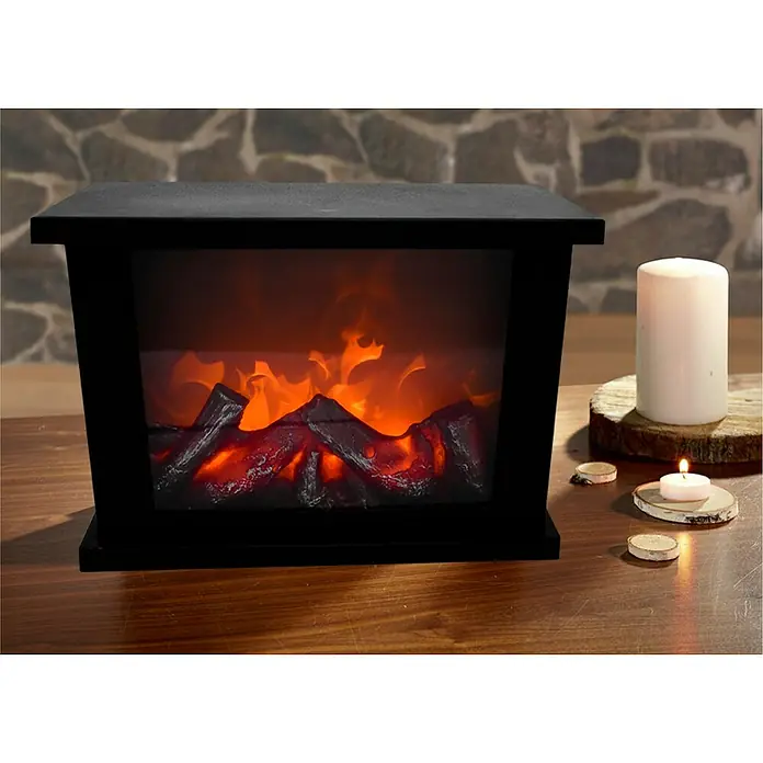 Technoline Dekokamin T 9800 - LED, Batteriebetrieben, Schwarz, 11,5 x 30 x 20 cm - Dekorative Tisch-Elektrokamin-Feuerstelle, die eine gemütliche Atmosphäre schafft, begleitet von einer Kerze für zusätzliche Wärme und Ambiente.