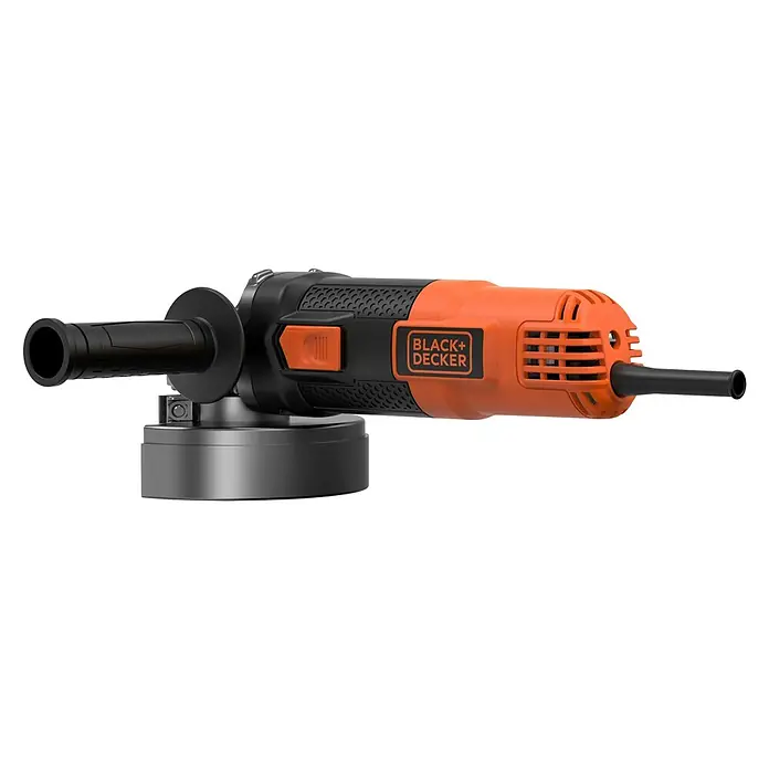 Black+Decker Elektro-Winkelschleifer BEG220-QS - 900 W, Durchmesser Scheibe: 125 mm, Leerlaufdrehzahl: 12.000 U/min - Eine detailreiche Aufnahme eines Black+Decker Winkelschleifers, der durch sein orange-schwarzes Design und seine robuste Bauweise ins Auge fällt.