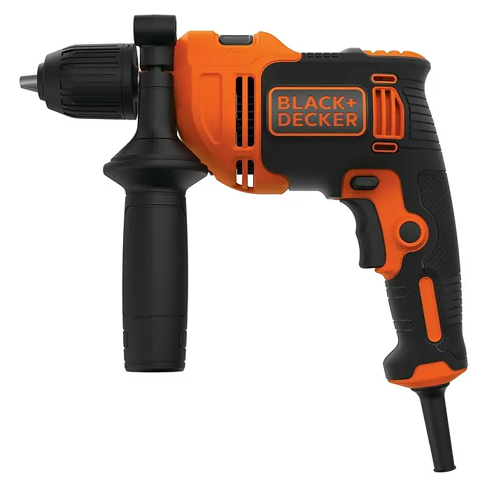 Black+Decker Schlagbohrmaschine BEH550K-QS - 550 W, Schnellspannbohrfutter - Nahaufnahme einer Black+Decker Bohrmaschine in Schwarz und Orange, die ein robustes und zuverlässiges Design zeigt.