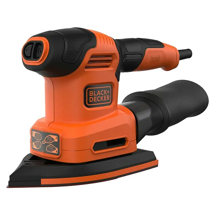 Black+Decker Elektro-Multischleifer BEW200K-QS - 200 W, Leerlaufschwingzahl: 24.000 U/min, Durchmesser Schwingkreis: 2 mm - Nahaufnahme eines Black+Decker-Elektroschleifers, der ein unverzichtbares Werkzeug für jedes Heimwerkerprojekt darstellt.