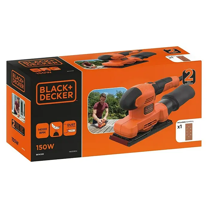 Black+Decker Elektro-Schwingschleifer BEW220-QS - 150 W - Verpackung eines Black+Decker BEW220 150W Schwingschleifers mit Staubabsaugung, ideal zum Schleifen verschiedener Oberflächen.