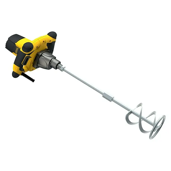 Stanley FatMax Farb- & Mörtelmischer FME190-QS - 1.600 W, Durchmesser Rührer: 150 mm, Mischvolumen: 120 l - Das Bild zeigt einen gelben Mörtelrührer mit einem spiralförmigen Rühreraufsatz vor einem schwarzen Hintergrund.