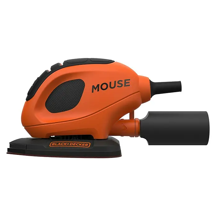 Black+Decker Elektro-Multischleifer BEW230K-QS - 55 W, Leerlaufschwingzahl: 22.000 U/min, Durchmesser Schwingkreis: 1,5 mm - Detailaufnahme eines Black+Decker Mouse Schleifers in Orange und Schwarz mit dem Schriftzug "MOUSE".