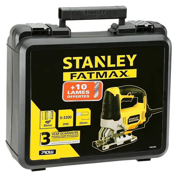 Stanley FatMax Elektro-Stichsäge FME340K-QS - 0 /min - 3.200 /min, 85 mm - Stanley Fatmax Stichsäge im Koffer, mit Fokus auf die Marke, das Modell und das mitgelieferte Zubehör.