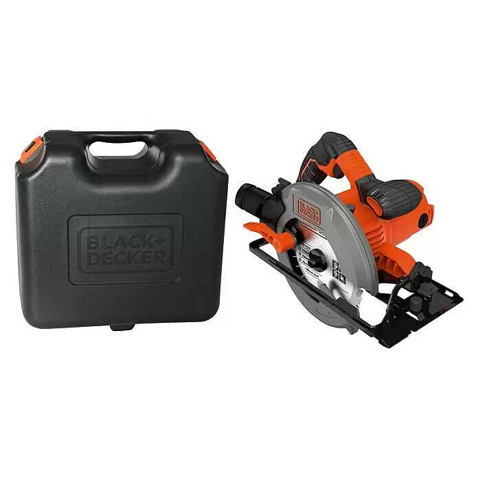 Black+Decker Sierra circular de mano CS1550 - 1.500 W, Diámetro hoja de sierra: 190 mm, Profundidad de corte a 90 °: 66 mm - Sierra circular Black+Decker naranja y negra con hoja gris, junto a su estuche de transporte negro.