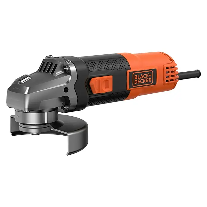Black+Decker Elektro-Winkelschleifer BEG220-QS - 900 W, Durchmesser Scheibe: 125 mm, Leerlaufdrehzahl: 12.000 U/min - Abbildung eines Black+Decker Winkelschleifers mit orangefarbenem Griff und grauer Schleifscheibe, ideal zum Schleifen und Schneiden.