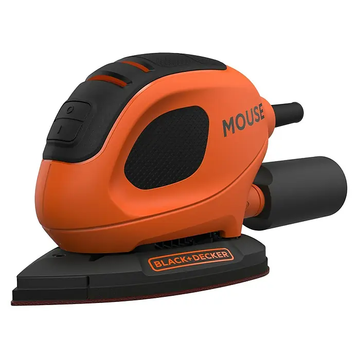 Black+Decker Elektro-Multischleifer BEW230K-QS - 55 W, Leerlaufschwingzahl: 22.000 U/min, Durchmesser Schwingkreis: 1,5 mm - Nahaufnahme eines Black+Decker Mouse-Schleifers mit orangefarbenem Gehäuse und schwarzer Basis, ideal für detaillierte Schleifarbeiten.