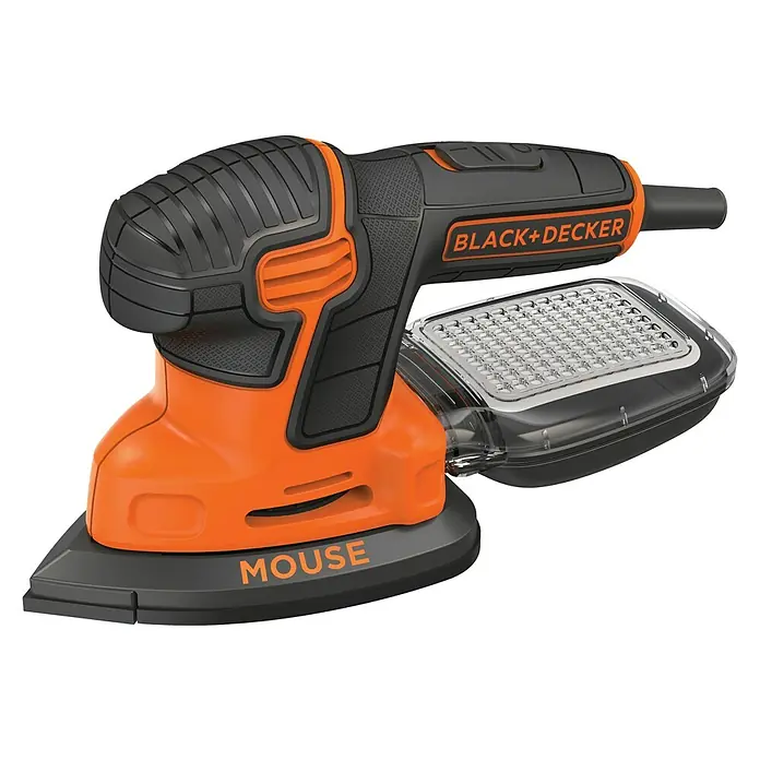 Black+Decker Elektro-Multischleifer KA2000-QS - 120 W, Leerlaufschwingzahl: 1.400 U/min, Durchmesser Schwingkreis: 2 mm - Nahaufnahme eines schwarzen und orangefarbenen Black+Decker-Maus-Schleifers, der auf einer schwarzen Basis steht.