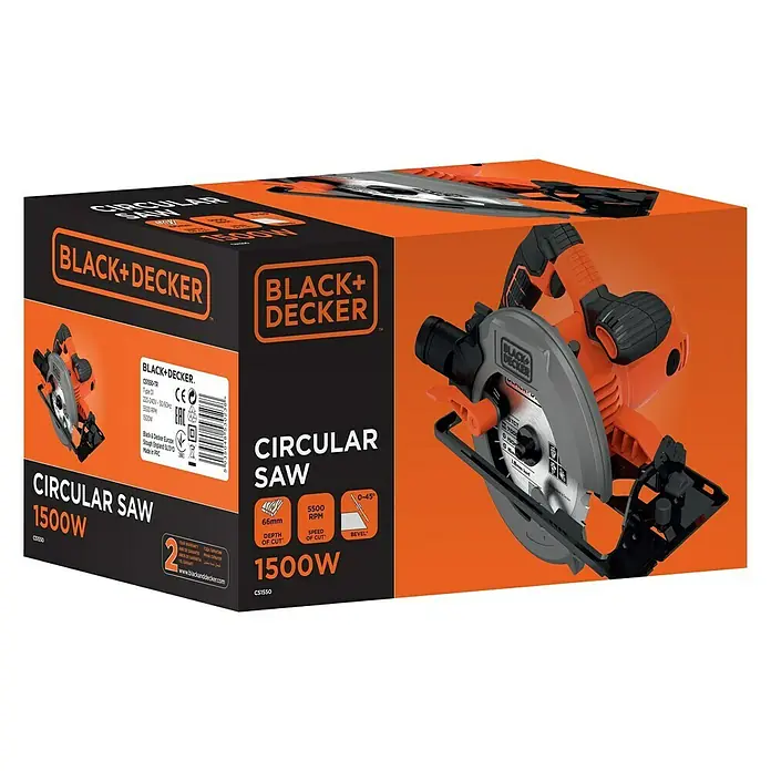 Black+Decker Handkreissäge CS1550-QS - 1.500 W, Durchmesser Sägeblatt: 190 mm, Schnitttiefe bei 90 °: 66 mm - Abbildung einer Black+Decker Kreissäge mit 1500W, ideal zum Sägen von Holz und anderen Materialien. Perfekt für Heimwerkerprojekte.