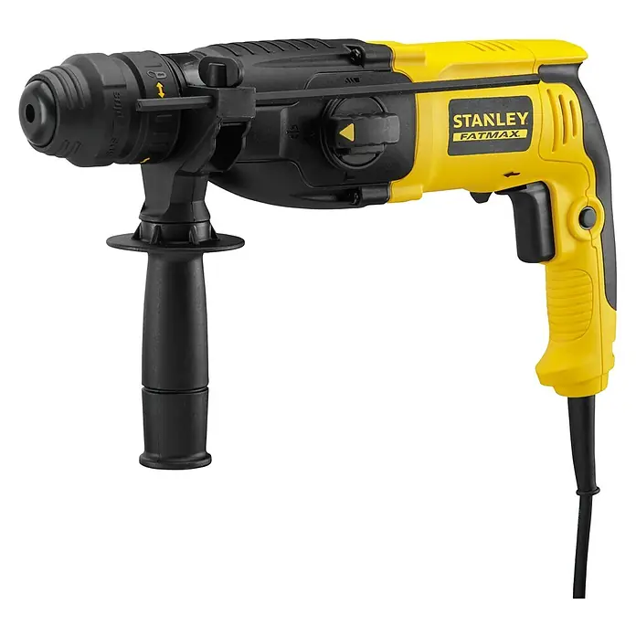 Stanley FatMax Kombihammer SFMEH210K-QS - 800 W, 2,4 J, SDS-Plus-Aufnahme - Der Stanley Fatmax Bohrhammer, ein gelbes und schwarzes Elektrowerkzeug, ist ideal für schwere Bohrarbeiten und Meißelarbeiten.