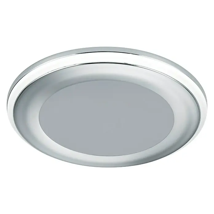 Trio Leuchten LED-Einbauleuchte rund AURA - 5 W, Ø x H: 82 x 4 cm, Chrom, Warmweiß - Nahaufnahme einer modernen, runden LED-Deckenleuchte mit Chromrand und grauem Diffusor.