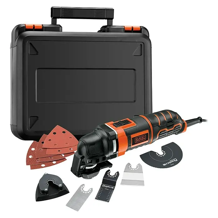Black+Decker Elektro-Multifunktionswerkzeug MT300KA-QS - 300 W - Black+Decker Multitool mit Zubehör in einem schwarzen Werkzeugkoffer, ideal für Heimwerker und Profis.