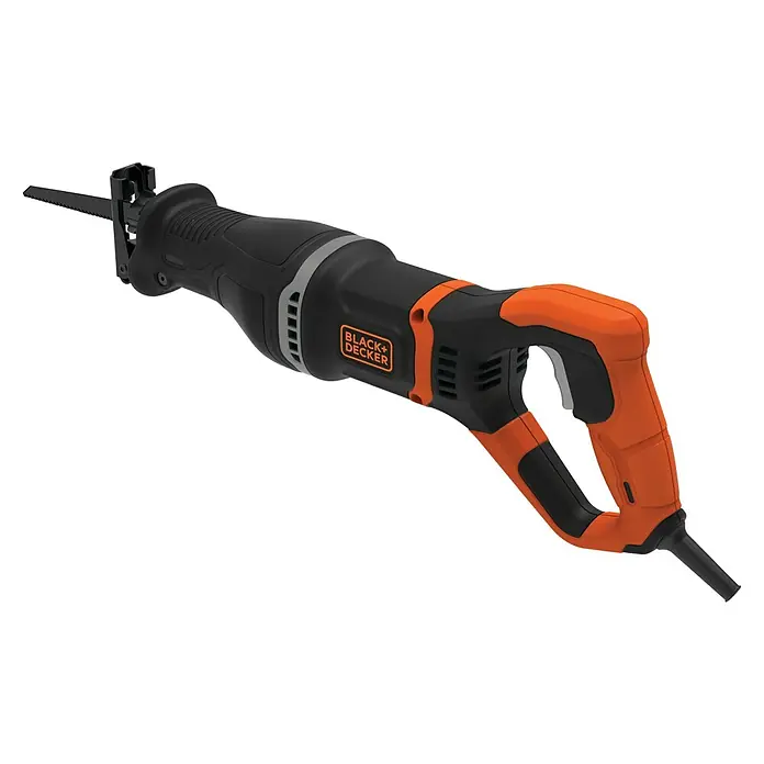 Black+Decker Säbelsäge BES301-QS - 750 W - Abgebildet ist eine Black+Decker Säbelsäge, ein Elektrowerkzeug zum Schneiden verschiedener Materialien, das für seine Vielseitigkeit und Benutzerfreundlichkeit bekannt ist.