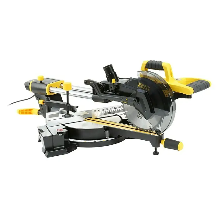 Stanley FatMax Kapp- & Gehrungssäge FME721-QS - 1.500 W, Durchmesser Sägeblatt: 216 mm, Leerlaufdrehzahl: 0 U/min - 5.000 U/min - Eine Stanley Fatmax Kapp- und Gehrungssäge, ideal für präzise Schnitte. Das Werkzeug ist in Schwarz und Gelb gehalten.