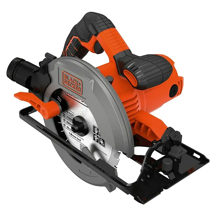 Black+Decker Handkreissäge CS1550-QS - 1.500 W, Durchmesser Sägeblatt: 190 mm, Schnitttiefe bei 90 °: 66 mm - Eine Black+Decker Kreissäge in Orange und Schwarz, ideal für präzise Holzschnitte. Das Werkzeug ist robust und für Heimwerkerprojekte geeignet.