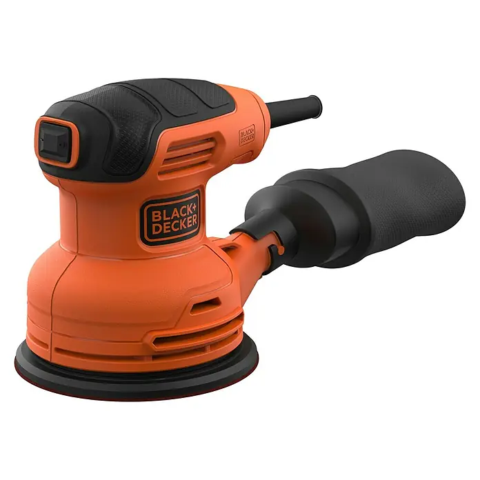 Black+Decker Elektro-Exzenterschleifer BEW210-QS - 230 W, Durchmesser Schleifteller: 125 mm - Bild einer Black+Decker-Schwingschleifmaschine in Orange und Schwarz, ideal zum Schleifen von Oberflächen.