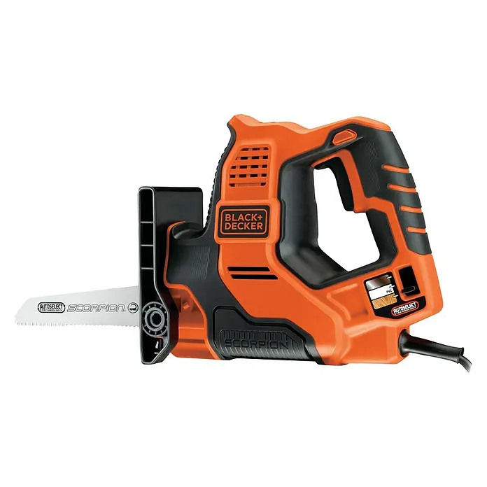 Black+Decker Elektro-Stichsäge RS890K-QS - 500 W, Hublänge: 23 mm - Nahaufnahme der Black+Decker Scorpion Säge, einem vielseitigen Elektrowerkzeug mit Autoselct-Technologie für präzise Schnitte.
