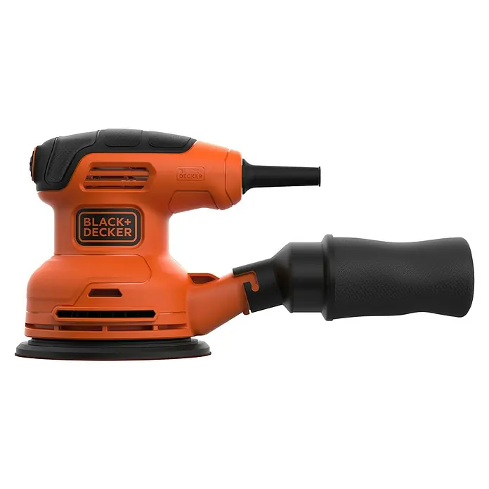 Black+Decker Elektro-Exzenterschleifer BEW210-QS - 230 W, Durchmesser Schleifteller: 125 mm - Ein oranger Black+Decker Exzenterschleifer mit schwarzem Griff und Staubabsaugung, ideal für Schleifarbeiten.