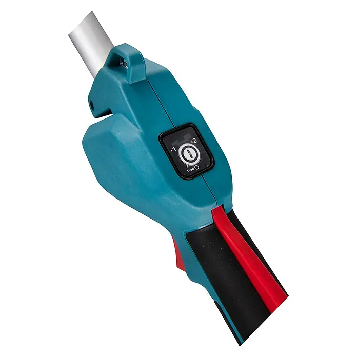 Makita LXT 18V Akku-Multifunktionswerkzeug DUX18ZX1 - 18 V, Ohne Akku, Leerlaufdrehzahl: 0 U/min - 9.700 U/min - Detailaufnahme des Griffs eines Akku-Heißluftgebläses mit verstellbarer Temperatureinstellung.