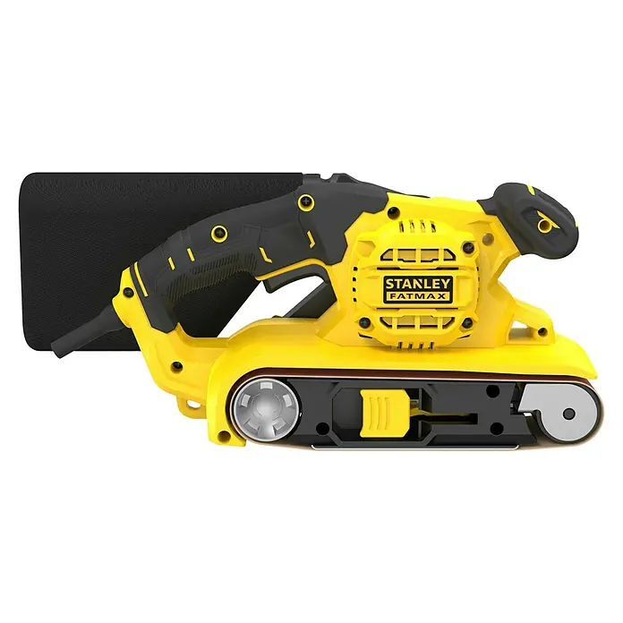 Stanley FatMax Elektro-Bandschleifer FMEW204K-QS - 1.010 W - Abbildung eines gelben Stanley Fatmax Bandschleifers, ein Werkzeug zum Glätten von Oberflächen mit Schleifbändern.