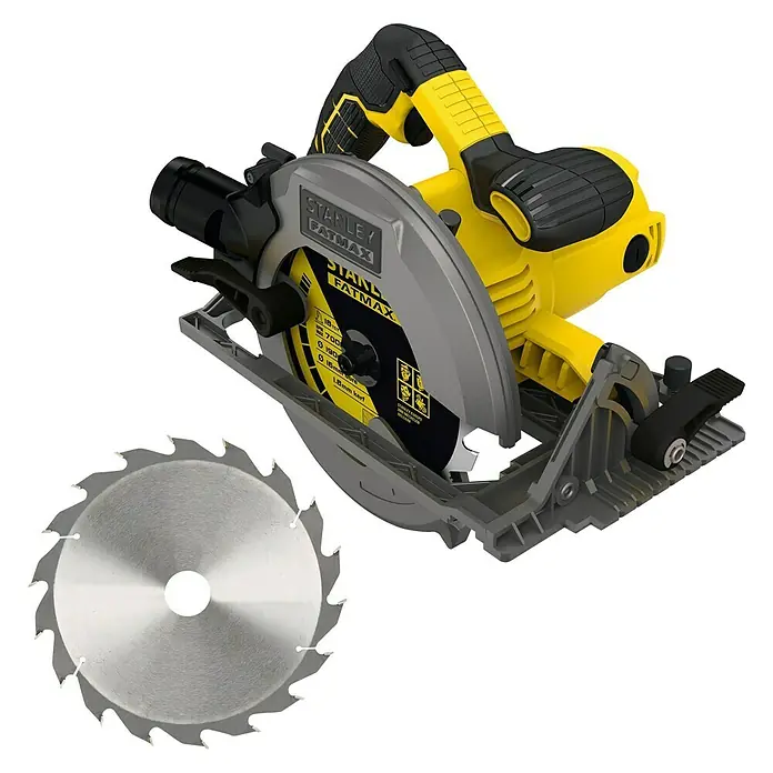 Stanley FatMax Handkreissäge FME301-QS - 1.650 W, Durchmesser Sägeblatt: 190 mm, Schnitttiefe bei 90 °: 66 mm - Bild einer Stanley Fatmax Kreissäge mit Sägeblatt. Die Kreissäge ist gelb und schwarz und hat ein graues Sägeblatt.