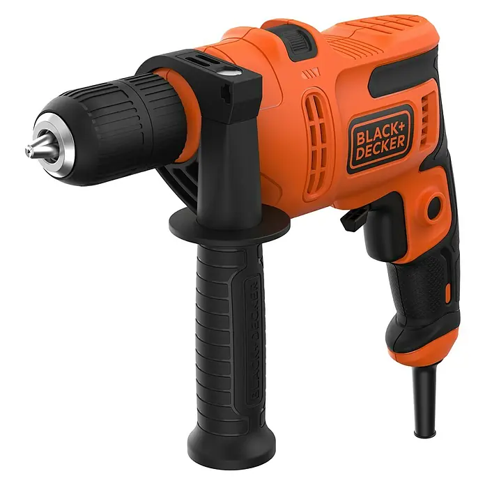 Black+Decker Schlagbohrmaschine BEH200K-QS - 500 W, Schnellspannbohrfutter - Hier ist eine Bohrmaschine von Black+Decker in Schwarz und Orange, ein Werkzeug für Handwerker und Heimwerker.