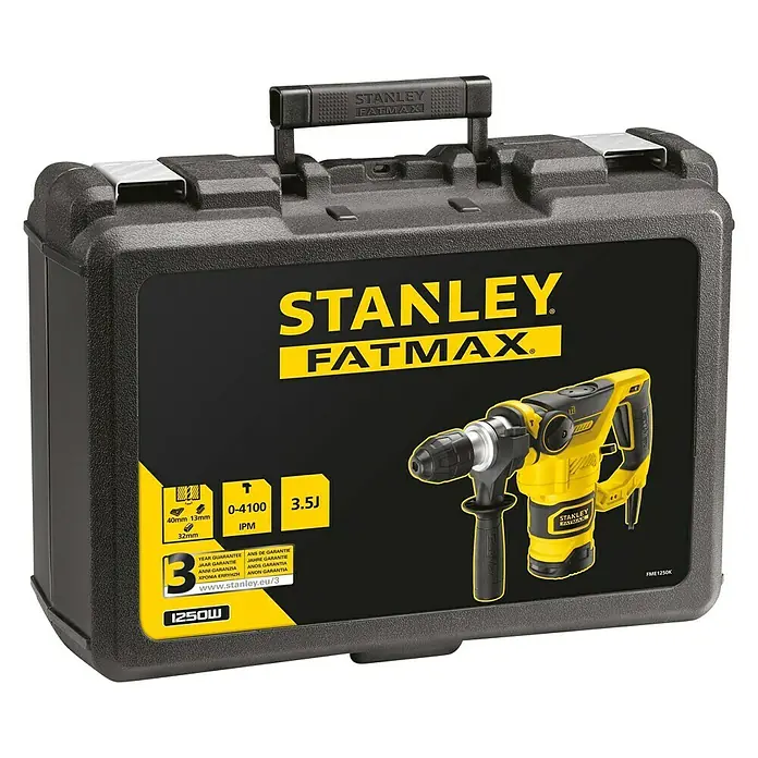 Stanley FatMax Kombihammer FME1250K-QS - 1.250 W, 3,5 J, SDS-Plus-Aufnahme - Abbildung einer STANLEY FATMAX Schlagbohrmaschine in einem robusten schwarzen Werkzeugkoffer, ideal für Profis und Heimwerker.