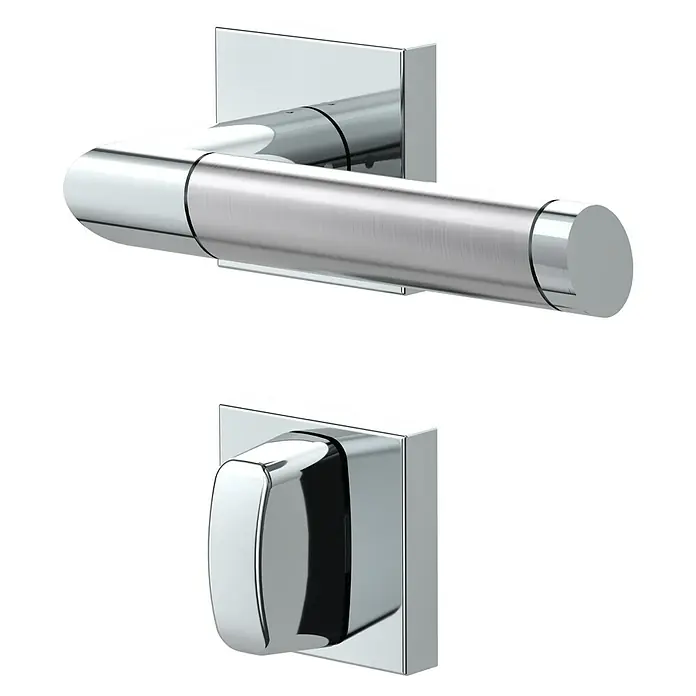 Diamond Doors Creative Drückergarnitur WC Georgia - Stärke Tür: 38 mm - 45 mm, Edelstahl, L-Form, Schlitzkopf/Olive - Nahaufnahme von einem eleganten, verchromten Türgriff und Drehknopf für ein modernes Interieur-Design, glänzend und stilvoll.