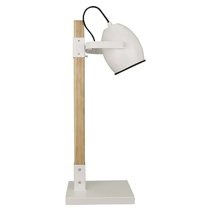 Tischleuchte - 40 W, Holz, E27 - Nahaufnahme einer Schreibtischlampe mit Holzständer und weißem Lampenschirm, die ein warmes Licht abstrahlt.