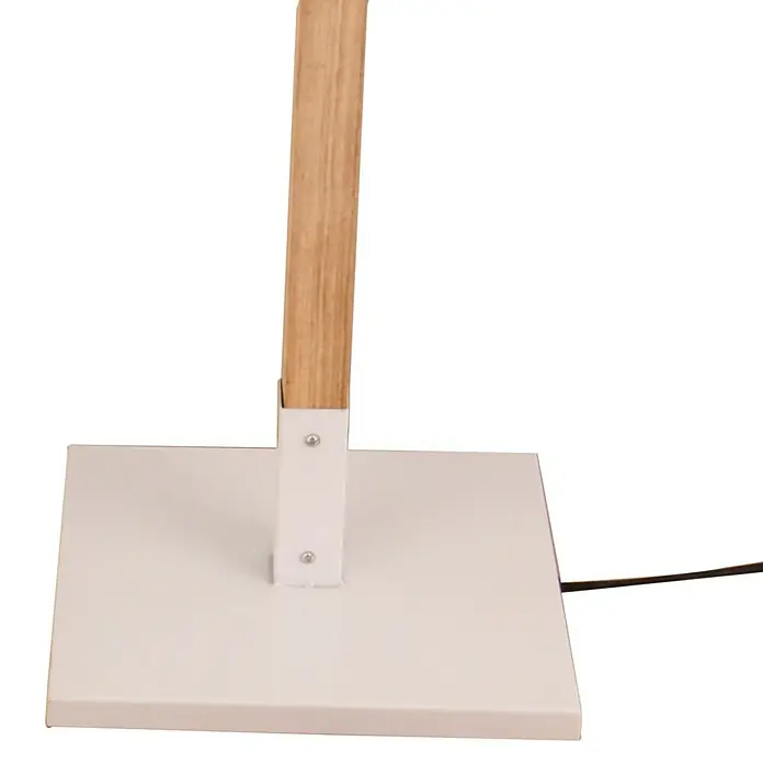 Stehleuchte - 40 W, Höhe: 140 cm, Weiß/Holz, E27 - Detailansicht einer Stehlampe mit Holzständer und weißem quadratischem Sockel, ideal für moderne Innenräume.