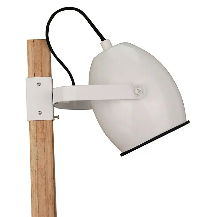 Tischleuchte - 40 W, Holz, E27 - Nahaufnahme einer modernen, weißen Lampe mit Holzfuß und schwarzem Kabel vor schwarzem Hintergrund.