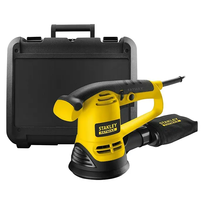 Stanley FatMax Elektro-Exzenterschleifer FME440K-QS - 480 W - Stanley Fatmax Exzenterschleifer mit Staubbeutel und schwarzem Koffer für professionelle Schleifarbeiten.