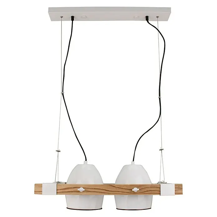 Pendelleuchte - 40 W, Weiß/Holz, E27 - Hängeleuchte mit zwei weißen Lampenschirmen, die an einem Holzstück befestigt sind. Eine stilvolle Beleuchtung für Ihr Zuhause.